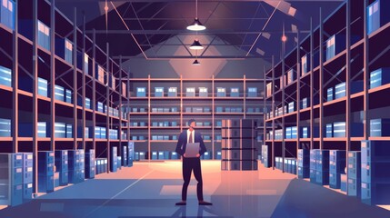 An empty warehouse with a businessman in it. Modern cartoon illustration of a warehouse with a worker and shelves for items, cargo, and goods. Icon of a building with a man on a desk with a folder on - obrazy, fototapety, plakaty