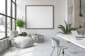 Tranquil office room with contemporary design and an empty white frame, setting the stage for creative thinking.