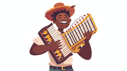 Happy musician playing squeezebox. Black man holding - obrazy, fototapety, plakaty