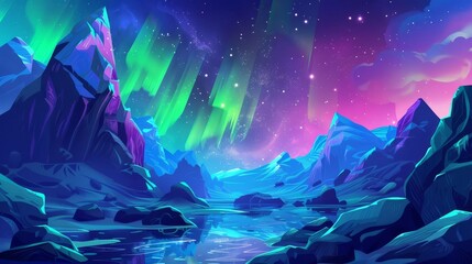 Illustration of the northern lights and stars in winter sky above nordic rocks at night with aurora borealis in the sky and a river and mountains on the horizon.
