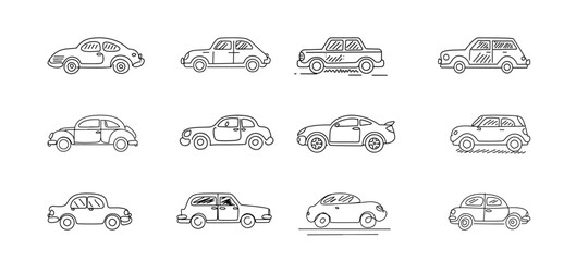 Car icon set in linear style., Vehicle outline sketch illustration isolated on white background