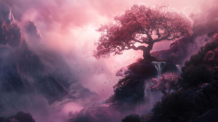Fantasy landscape with magic tree shrouded 