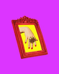 Female hand in picture frame with luxurious gold ring on finger. Contemporary art. Creative poster for jewelry store, beauty salon and self-care services. Concept of surrealism, pop art, creativity