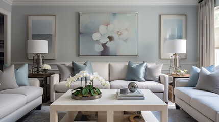 Fototapeta na wymiar Tranquil hues and subtle accents create a soothing atmosphere in a well-appointed living room.