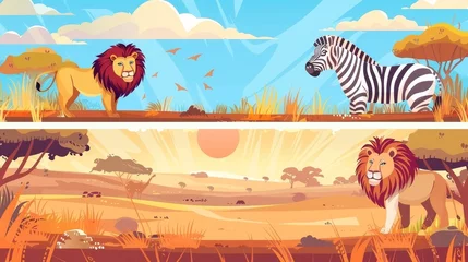  Modern illustration of wild animals and savanna landscape in Africa with zebra and lion. Landing pages for safari parks with cartoon illustrations of wild animals and savannas. © Mark