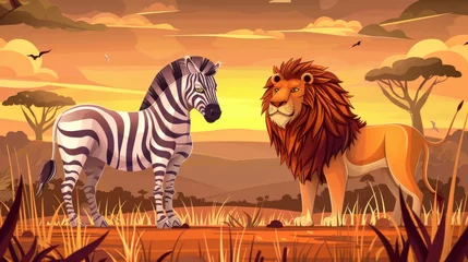 Gordijnen ZEBRA, lions and other African animals banners on savanna. Modern illustration of savanna landscape and safari park. © Mark