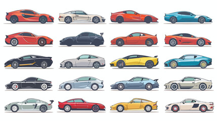 Big set of of different models of cars. Vector flat