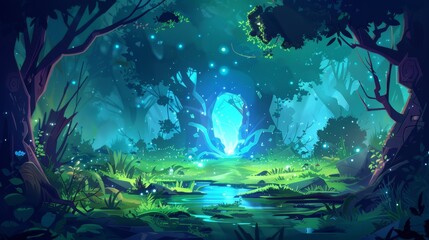 Fototapeta na wymiar Modern cartoon fantasy illustration of deep wood landscape with tree trunks, swamps, and mystic gates with blue glow. Dark night forest with magic portal to alien world.