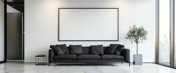 This minimalist living room exudes sophistication with its sleek black sofa against a backdrop of...
