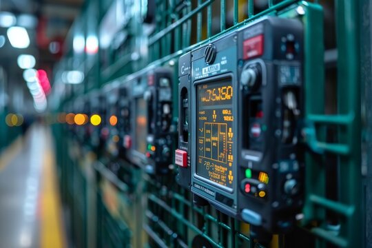 Close-up of precise industrial meters with digital displays on a detailed metallic green background