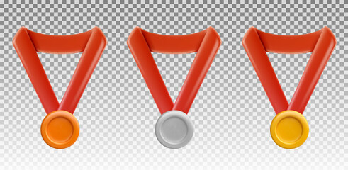 Set of gold, silver and bronze medals in 3d realistic style isolated on transparent background. Collection sport awards badges. Vector illustration.