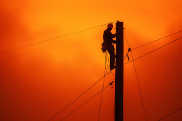 “Silhouette of a Lineman at Sunset”  A lineman works atop a utility pole against a vivid orange sunset sky. - obrazy, fototapety, plakaty