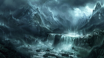 Fantasy landscape with water spills and mountains 