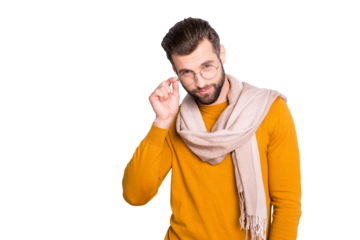 Portrait of modern confident stylist with scarf around neck looking out glasses at camera isolated on grey background holding hand on eyelet of spectacles on his face