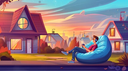On a suburban street, a person rests on a wooden porch while listening to music and watching the sunset with a cup and earbuds. Modern cartoon illustration of a person sitting in a bean bag chair