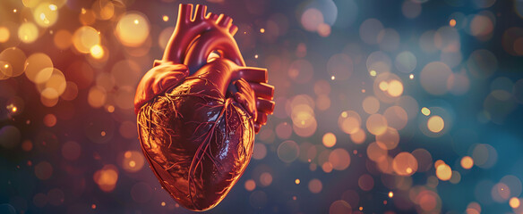 Human Heart Model on Dark Bokeh Background for Health Medicine and Cardiology Concepts.
 - obrazy, fototapety, plakaty