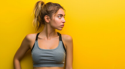 Young fitness caucasian woman isolated looking sideways with doubtful and skeptical expression. - obrazy, fototapety, plakaty