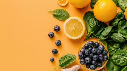 overhead photo of a fresh and healthy food to the right of the image and isolated on a solid orange hex ff6c52 background, include only bergamot, bilberries, spinach and turmeric root, 