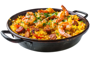 Paella Valenciana: A Spanish rice dish containing shrimp, chorizo, and saffron, in a traditional pan.