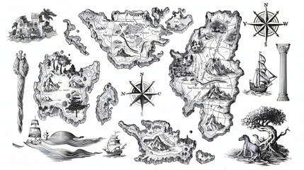 Fantasy map elements illustration drawing engraving 