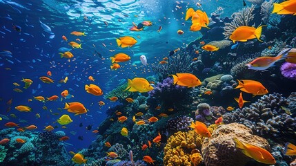 Fototapeta na wymiar vibrant school of tropical fish swimming among coral reefs, showcasing nature's underwater beauty