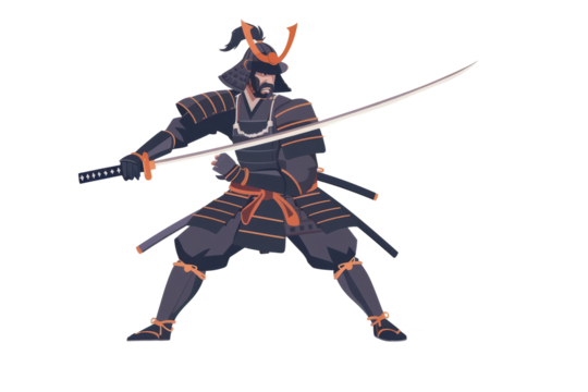 Samurai warrior: A Japanese samurai in elegant armor, holding a katana, on a minimalist white setting.