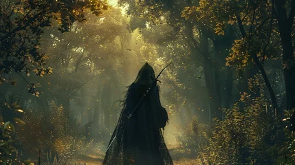 Poster Fantasy medieval woman hunting in mystery forest © UsamaR