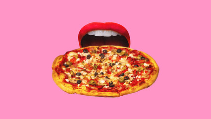 Female mouth with red lipstick eating pizza on pink background. Contemporary art collage. Fast food, delivery services, restaurant menu. Concept of surrealism, pop art, creativity, imagination.