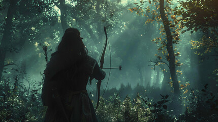 Fantasy medieval woman hunting in mystery forest