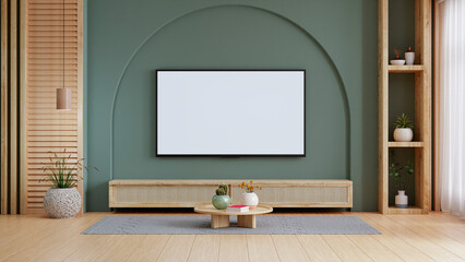 TV on wall and wood shelf cabinet with dark green color wall background- 3D rendering