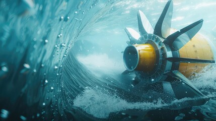 dynamic shot of a tidal energy turbine in action, harnessing the power of ocean currents to generate clean and renewable electricity. - obrazy, fototapety, plakaty