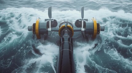 dynamic shot of a tidal energy turbine in action, harnessing the power of ocean currents to generate clean and renewable electricity.