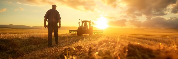 An evocative image of a farmer gazing into the distance over a harvested field at sunset, symbolizing hard work and fulfillment