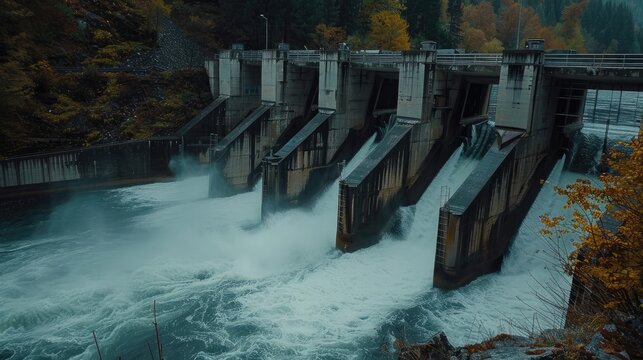 dynamic shot of a hydroelectric dam releasing water to generate power, showcasing the efficient and sustainable use of natural resources.
