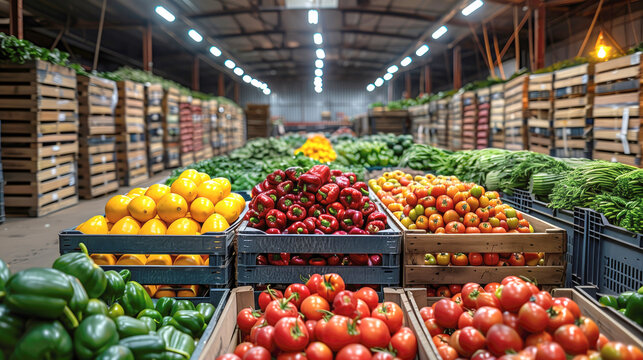 Warehouse of fresh vegetables. Tomatoes and bell peppers in box. Farmer vegetable warehouse inside hangar.