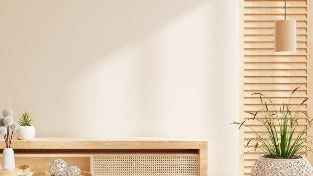 Wood shelf cabinet and accessories decor in living room interior on empty white wall background- 3D rendering