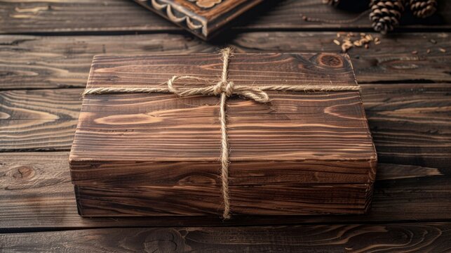 Blank mockup of a rustic wooden gift box with a distressed finish and a twine ribbon. .