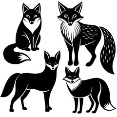 Set of minimalistic fox’s vector silhouette on white background