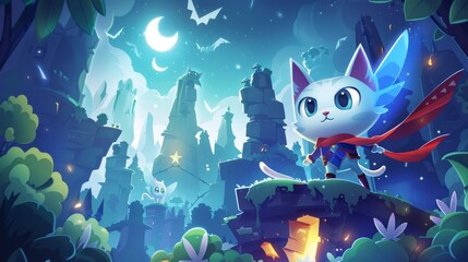 Modern cartoon fantastic illustration of a flying kitten with mechanical wings in an alien world at night. A super cat hero and a magic portal appear in this fantastic alien world scene.