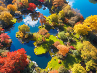 Naklejka na ściany i meble 池のある紅葉の日本庭園