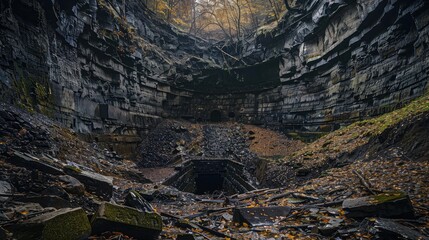 hauntingly beautiful shot of abandoned mine shafts, now reclaimed by nature, serving as a poignant reminder of the passage of time and the resilience of the earth.