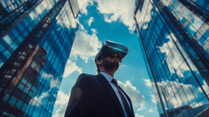 Young Businessman Explores Virtual Reality in Urban Landscape from Lower Angle", Businessman Embraces Future Business Concept with VR Headset in Digital Marketing Exploration
 