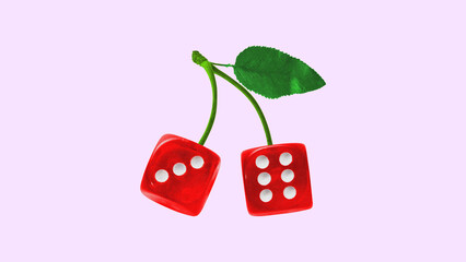 Two dice shaped like cherry on light pink background. Contemporary art collage. Gimbling theme,...