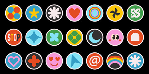 Pack of retro Y2K round colorful stickers with shapes and symbols, cool old style flat labels, buttons, application icons on a black background. Vector illustration.
