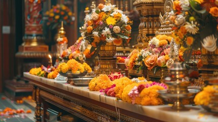 intricately decorated temple altar adorned with sacred scriptures and floral offerings, honoring the teachings of Lord Buddha on Asalha Puja Day.