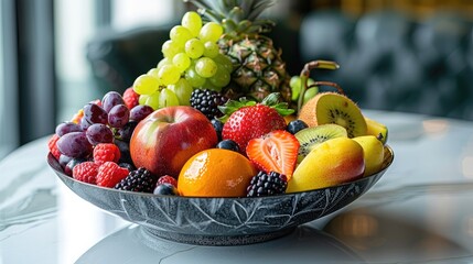 mouthwatering assortment of colorful fruits arranged in a decorative bowl, inviting healthy snacking and refreshing indulgence. - obrazy, fototapety, plakaty