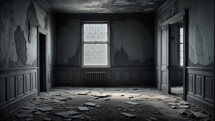 Image of an abandoned room with cracked walls, scattered debris and dust, light enters through the window, illuminating the gloomy space and emphasizing the atmosphere of oblivion and decay