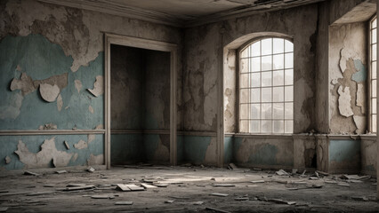 The photograph shows an abandoned room with peeling paint, rubble scattered on the floor and light coming through the window, an atmosphere of oblivion and decay as if time had stopped here - obrazy, fototapety, plakaty