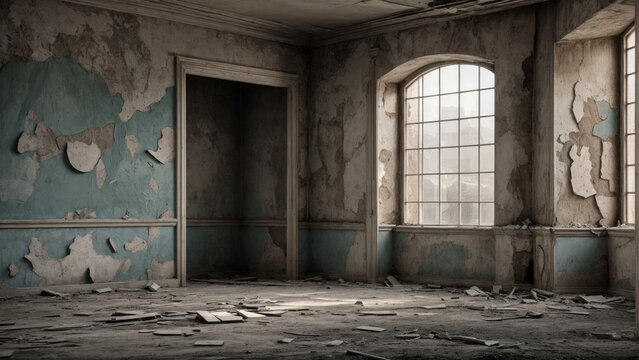 The photograph shows an abandoned room with peeling paint, rubble scattered on the floor and light coming through the window, an atmosphere of oblivion and decay as if time had stopped here