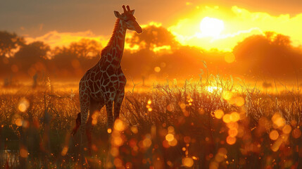 Giraffe stands in African savanna. Sunset over shadow landscape. African nature safari
